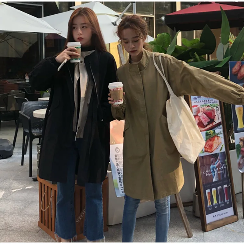 Корейские свободные женские длинные Тренч Плюс Размер простые женские пальто на молнии новая однотонная осенне-зимняя повседневная одежда