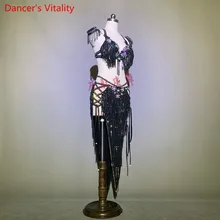 Подгонянный костюм для Танцев Живота элегантный топ с мишурой Алмазная юбка набор для женщин восточный индийский барабан танцевальная сценическая одежда