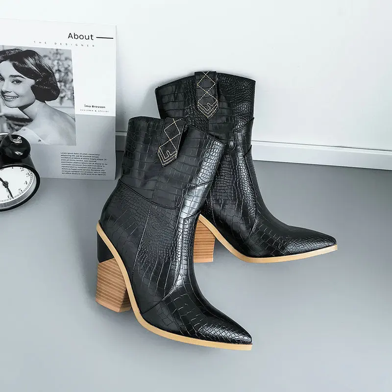 Black Mid-Calf Брендовые Дизайнерские ботильоны; женские ковбойские ботинки из искусственной кожи на танкетке и высоком каблуке; модная женская обувь с острым носком на молнии; сезон осень-зима - Цвет: Black Mid-Calf