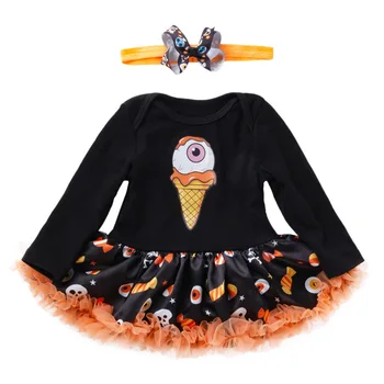 

New Halloween Children's Clothing Fashion Baby Halloween Pumpkin Long Sleeve Dress Headwear Set Cotton Birthday Set Dropshipping