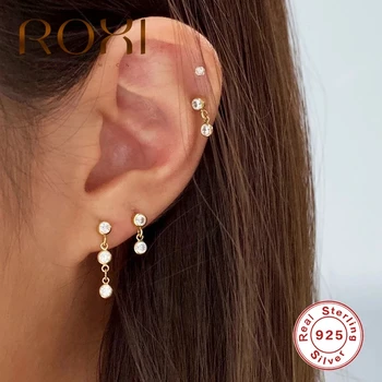

ROXI INS Luxury Piercing Double Three Stone C-shape Semicircle Stud Earrings for Women Girl 925 Sterling Silver Cartilage Earing