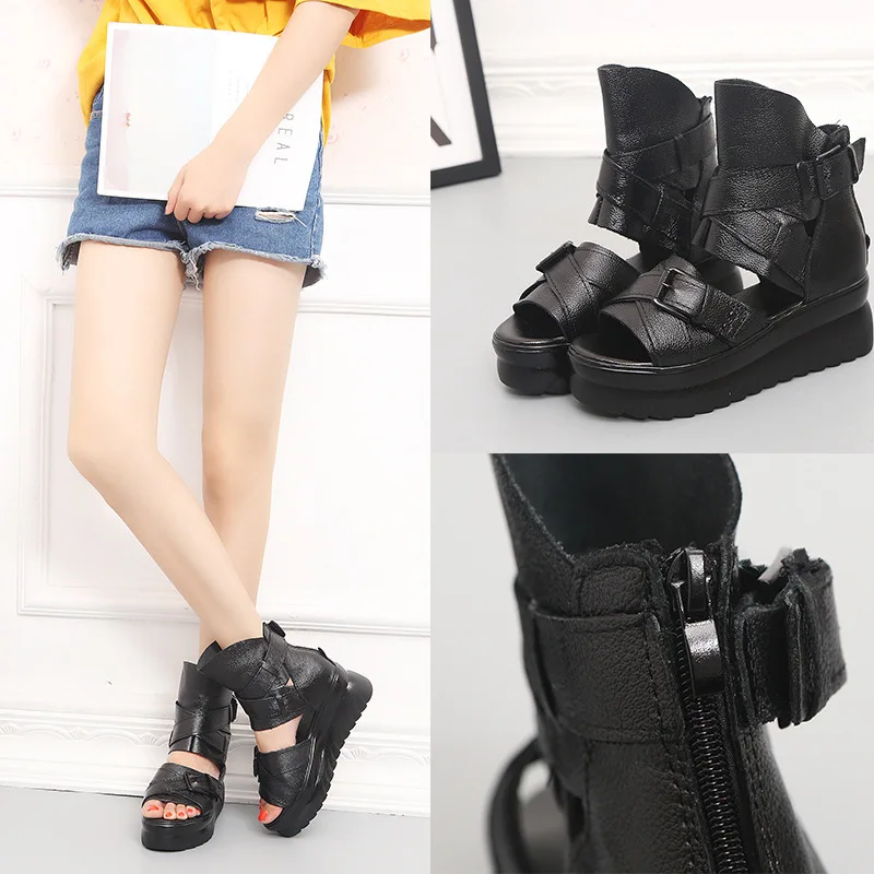 

2019 Summer Woman Genuine Leather Fish Toes Sandals High Bring Rivet Package Heel Bring