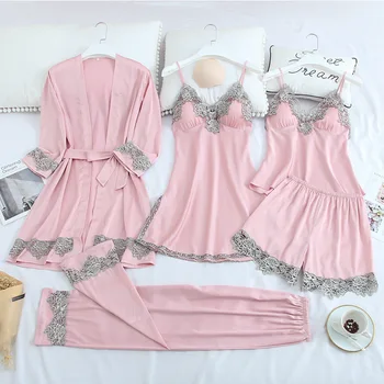 

4 Pieces Set Women Pyjama Satin Silk Lace High Quality Lace Pyjamas set Sleepwear Nightwear nightdress lingerie nightgown