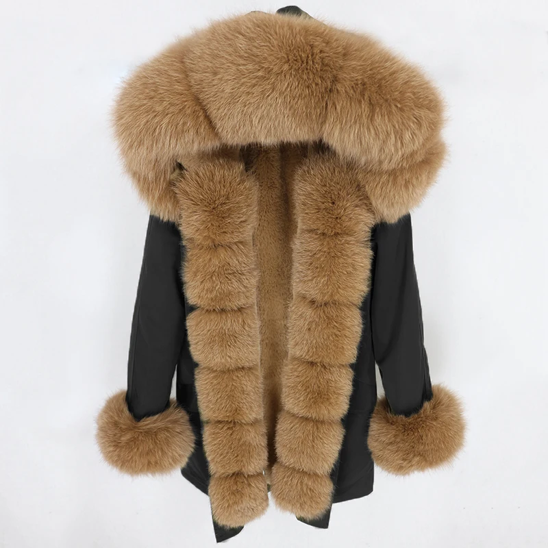 black camel Натуральный мех Водонепроницаемая парка зимняя куртка женская натуральный Лисий меховой капюшон, воротник манжеты Пальто Толстая теплая верхняя одежда Уличная Повседневная - Цвет: black camel