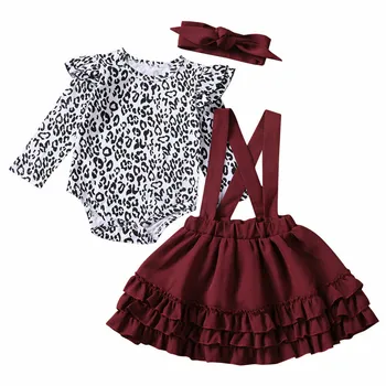 

Baby Girls Clothes Spring Newborn Infant Clothing Set Long Sleeve Leopard Romper Bodysuit+Cake Smash Suspender Dress+Headband