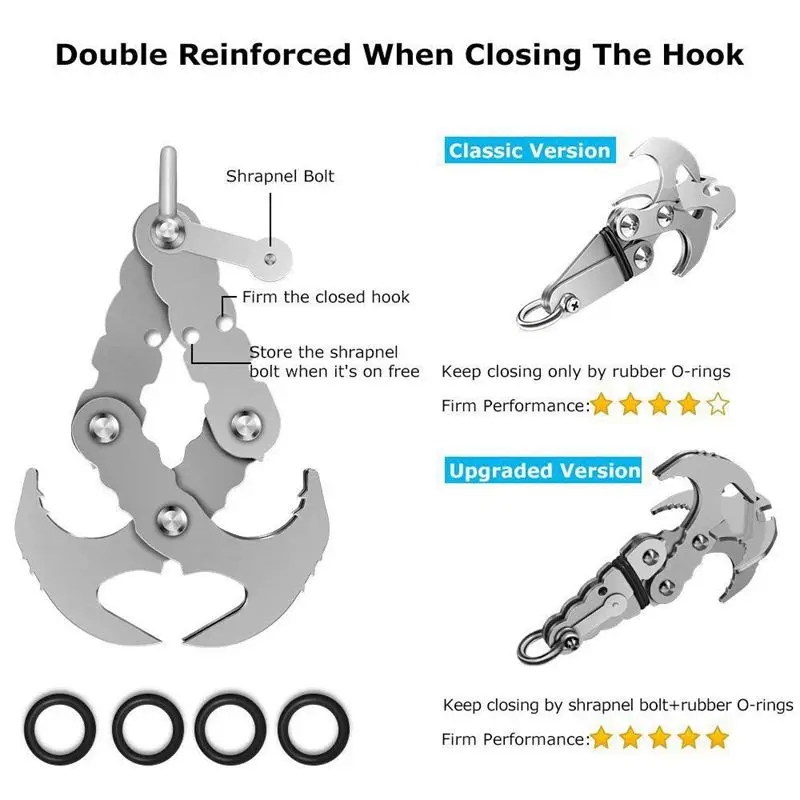 Grappling Hook,Gravity Rock Climbing Hooks Folding 4 Claws Survival Carabiner Hooks Stainless Steel Climbing Rope Survival Climb