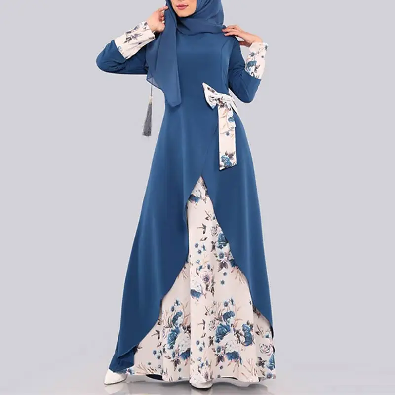 MISSJOY мусульманские женские платья кимоно Абая печать цветочный бант арабский Сплит Нерегулярные Малайзия Дубай элегантное женское платье женское повседневное - Цвет: Blue