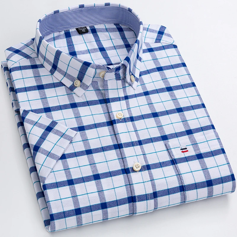 Plus Size 7XL 6XL Men's Summer Shirts Oxford Vertical Stripes Short Sleeve Standard-fit Loose Plaid Solid Soft Cotton Man Shirt 5
