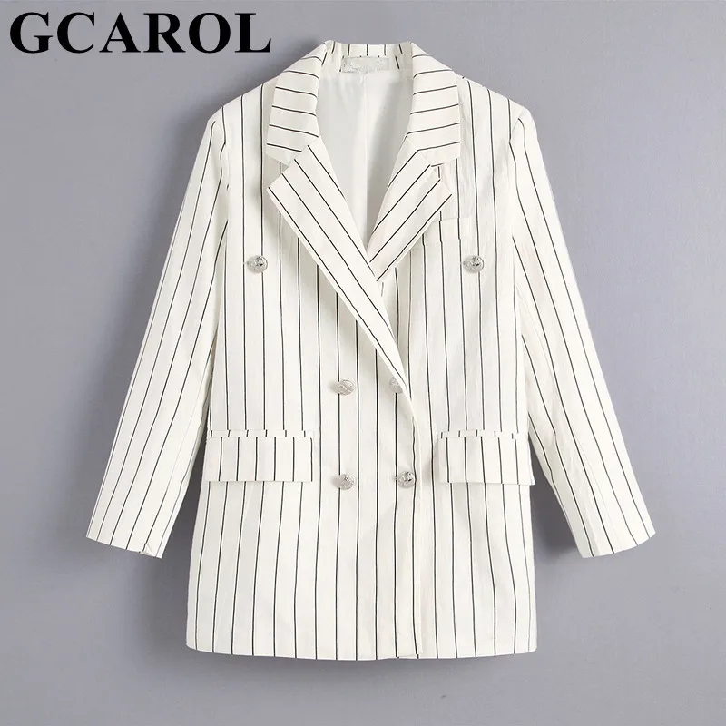 GCAROL Новый женский полосатый OL костюм двубортный пуговицы хлопок и лен элегантный