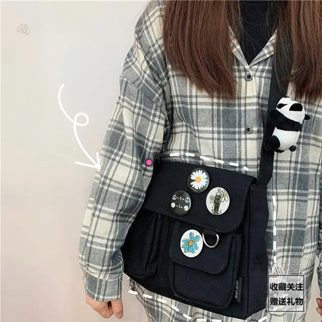 Canvas Diagonal Cross Bag Youth Fashion Casual Version Ladies Large Capacity Shoulder Bag Solid Color  Women Messenger Bags Daisy pin panda