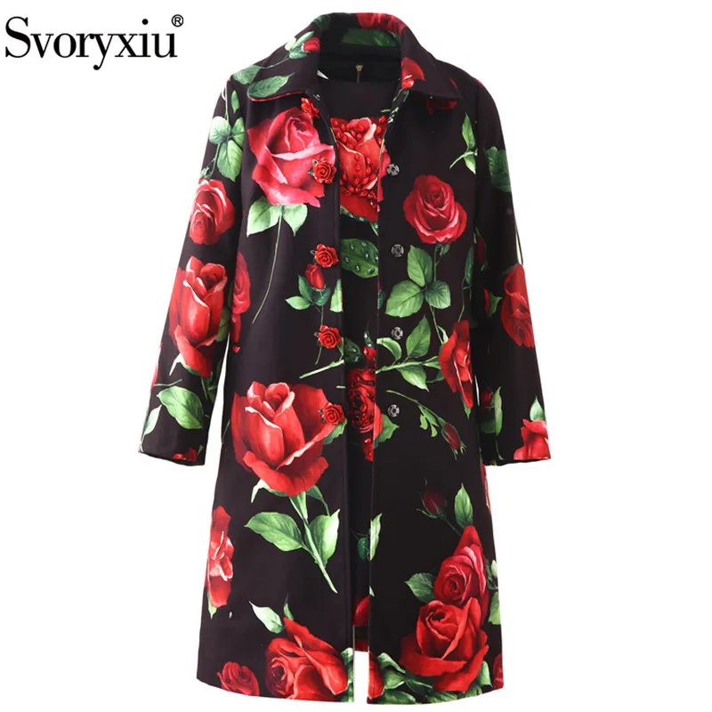 

Svoryxiu Vintage Rose Flower Print Black Outwear Two Piece Set Women's High End Wool Blend Autumn Winter Runway Overcoat Suits