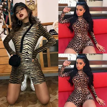 

22019 Newest Hot Women Sexy Sheath Turtleneck Jumpsuit Romper Bodycon Female Leopard Tiger Party Clubwear Long Sleeve Playsuit