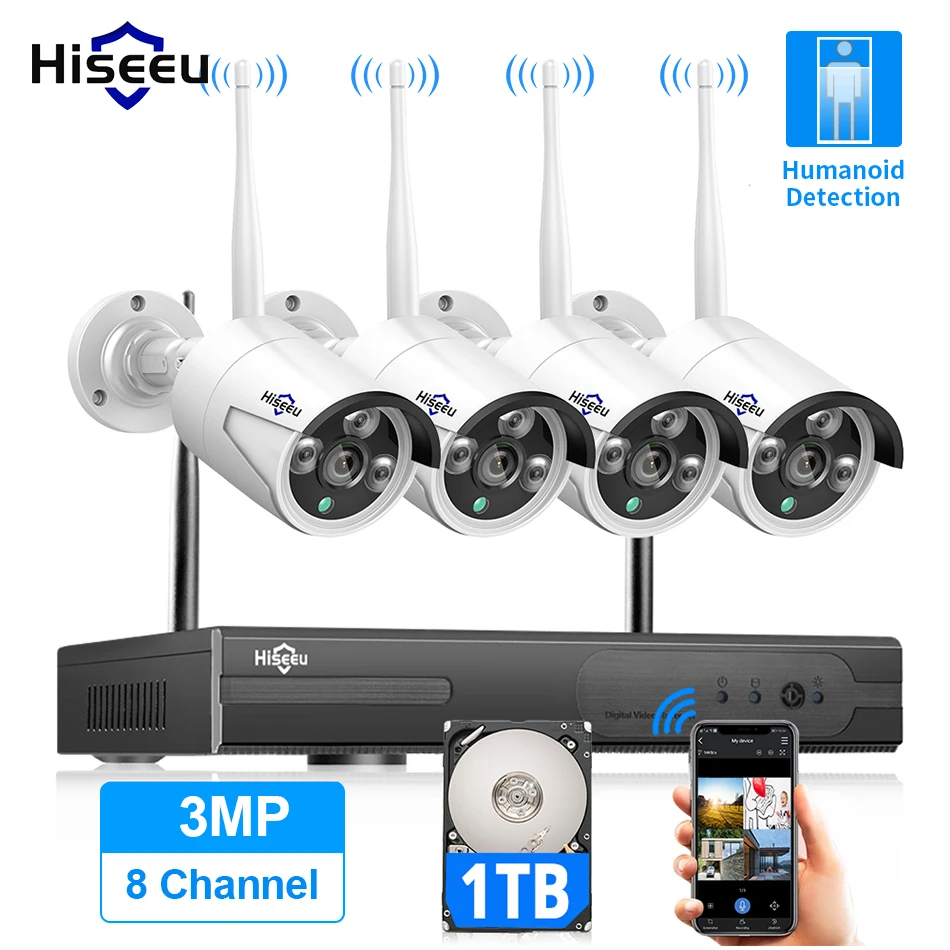 Hiseeu 8CH Wireless CCTV System 1536P 1080P NVR wifi IR-CUT Outdoor 3MP AI IP CCTV Camera Security System Video Surveillance Kit