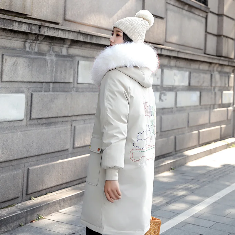 

Photo Shoot 2019 Autumn And Winter New Style down Jacket Women's Color Buckle Loose-Fit Cartoon Embroidered Mid-length Students