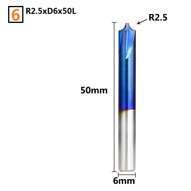 R2.5xD6x50L 1 шт. R0.5-R5.0 Nano с синим покрытием угловая закругленная Концевая фреза ЧПУ Концевая фреза карбид фреза фаска Концевая фреза - Длина режущей кромки: R2.5xD6x50L