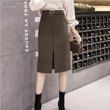 Осень, элегантная женская шерстяная юбка средней длины с поясом, зимняя повседневная облегающая женская юбка с разрезом спереди и высокой талией, шерстяная юбка для женщин