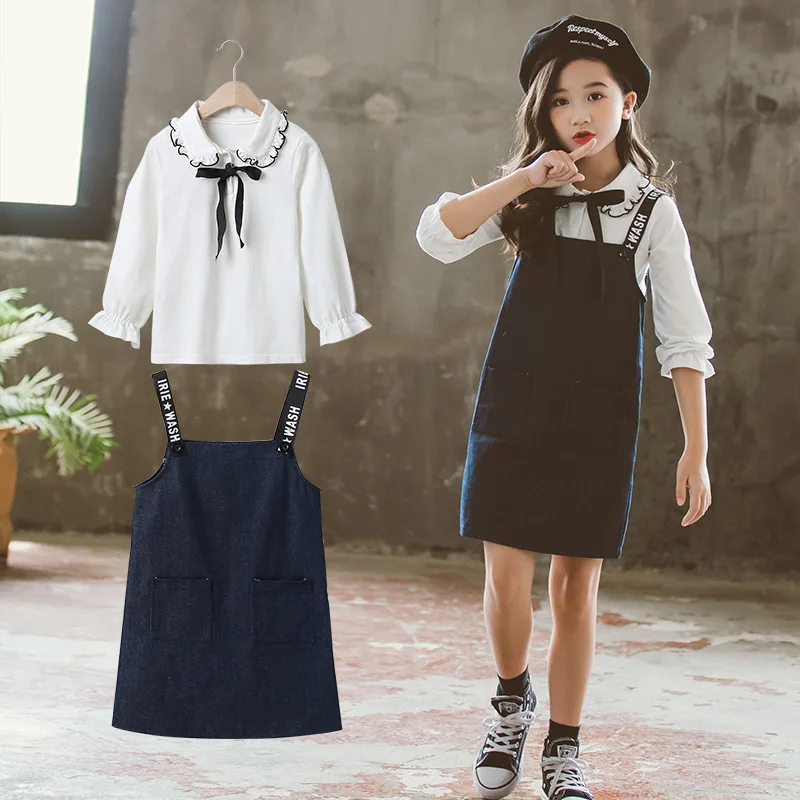 Детская одежда для девочек комплект осенней одежды г. корейский пуловер с кружевом Топ+ юбка на подтяжках весенне-осенняя юбка, наряды для детей от 10 до 12 лет