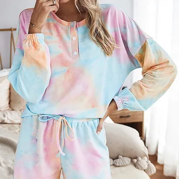 

SFIT 2020 Womens Tie Dye Printed Ruffle Cotton Short Pajamas Set Lounge Wear Long Sleeve Tops And Shorts 2 Piece Pajamas Set