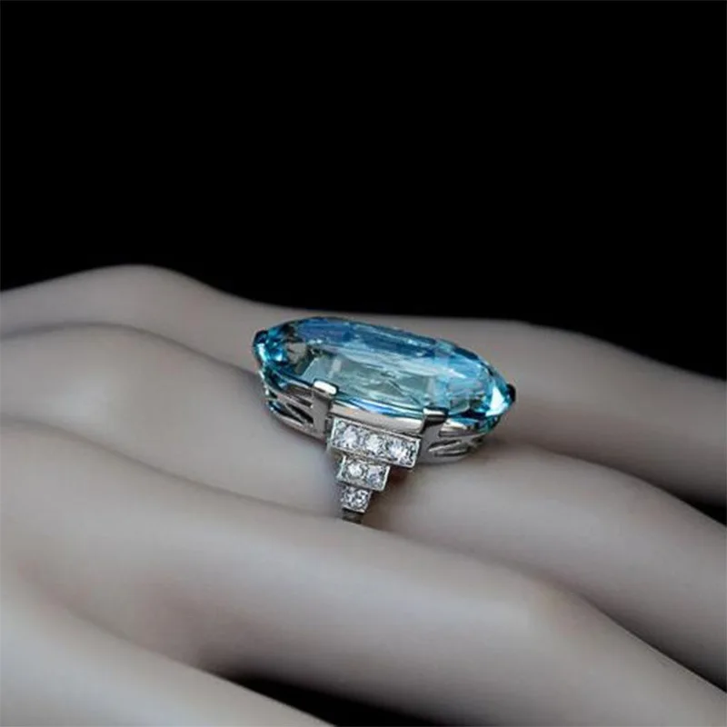 Huitan Big Oval Sky Blue Stone Women Bridal Band Rings Delicate