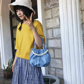 

Creative Design Pleated Shoulder Handbags Women Classic Texture Chic Candy Crossbody Bag Elegant Pearl Handle Totes