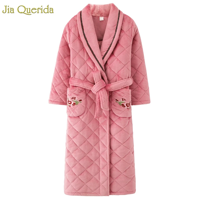 

New Ladies Long Gowns Pink Velour Lingerie Robe Winter Thick 3 Layer Padded Floral Embroidery Pockets Plus Size Warm Kimono Robe