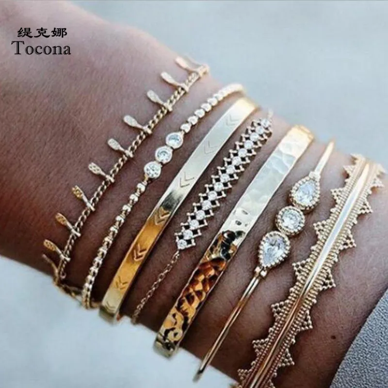 Tocona 7pcs/sets Clear Water Drop Crystal Stone Ladies Bracelets Gold Chain Cuff Bangle for Women Jewelry Wholesale 9168