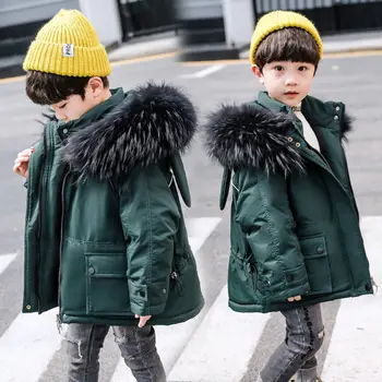 

2021 Winter Children's Hooded Faux Fur Collar Cotton Jacket Coat New Kids Boys Thicken Warm Outerwear Cotton Padded Parka D219