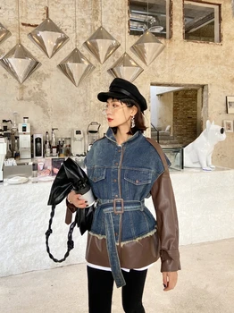 

2020Women Spring Coat Autumn Denim Splice Faux Leather Jacket Female PU Jacket Ladies Slim Adjust Waist Short Coats Windbreaker