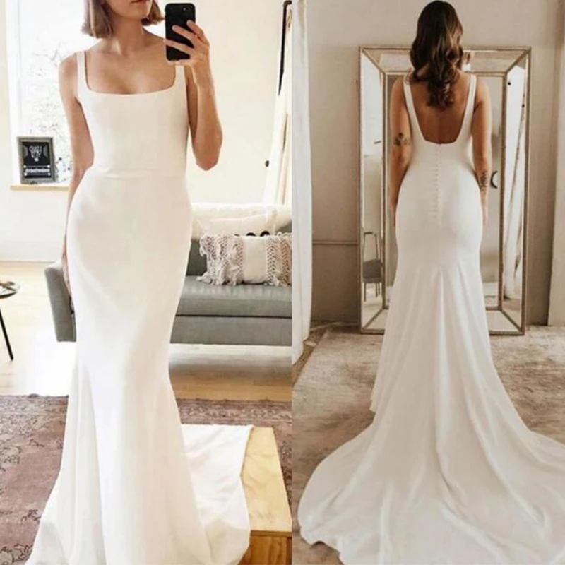 

Boho Wedding Dress Mermaid 2022 Stain Square Collar Spaghetti Strap Long Train Bride Gowns Backless Simple vestidos de maire