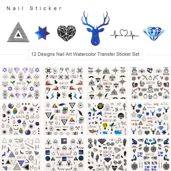 

12PCS Designs Nail Water Transfer Stickers Geometric Starry Sky Diamond Nail Art Slider DIY Nail Art Decorations ZJT4089