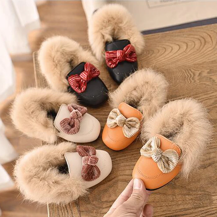 Зимняя детская обувь из искусственной кожи для девочек; хлопковые меховые теплые лоферы на плоской подошве; модная детская обувь для отдыха; обувь из плюша