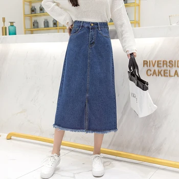 

Retro chic Slim Long Denim Skirt Ladies Summer High Waist A-Line Jeans Skirts Women Casual Splitl tassel Skirt Female