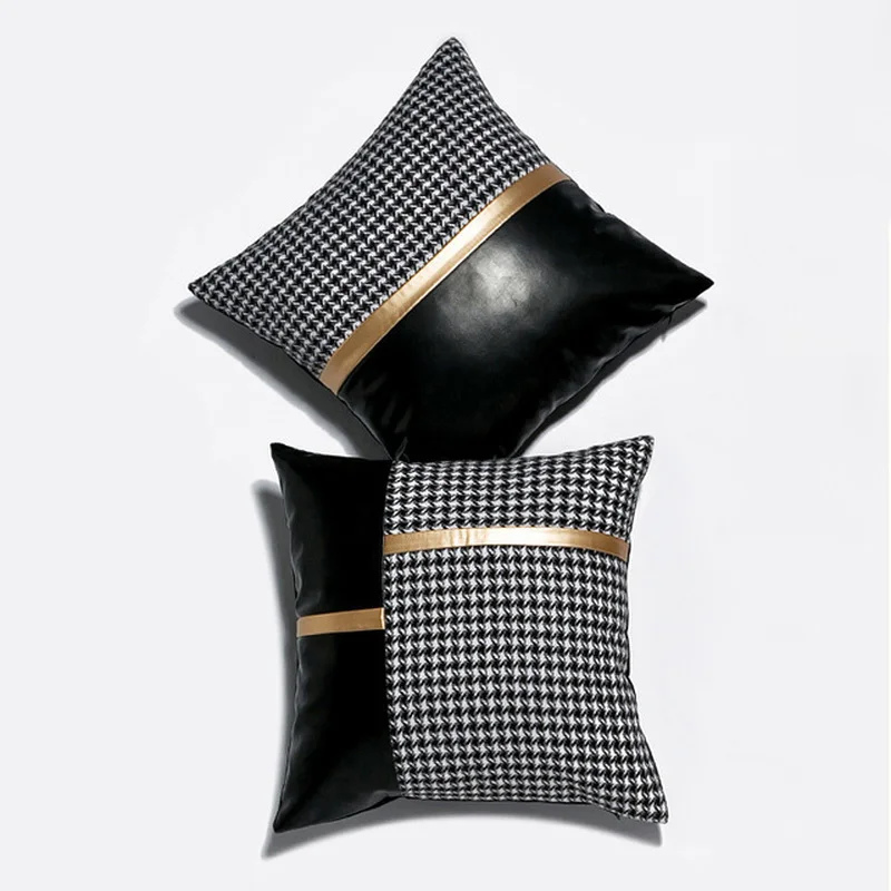 

Cushion Cover decorative Cushion Throw Pillow Cover Houndstooth PU Stitching Cushion Case Sofa Bed Coussin Decorative Pillowcase