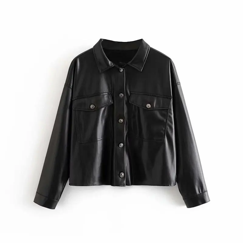 2019 New Autumn Women Pu Leather Jacket Outwear Coat Turn Down Neck Loose Black Single Breasted With Buttons And Pockets Ladies | Женская