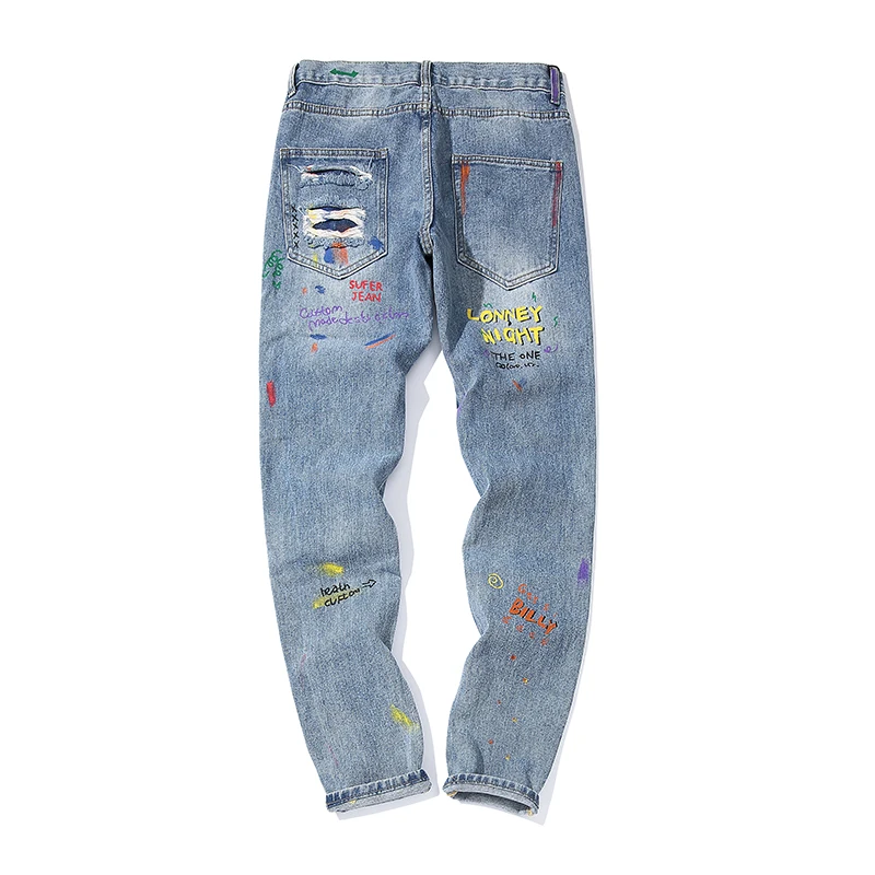 Мужские рваные уличные рваные джинсы с принтом граффити хипстерские хип-хоп рваные свободные хлопковые повседневные джинсовые брюки