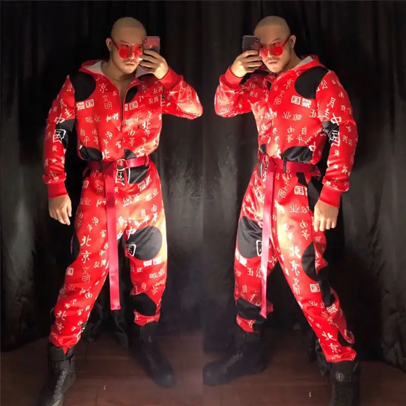 Chinese Letters Printed Jumpsuits Costumes Nightclub Male Dj Singer Hip Hop Dance Outfit Stage Show Club Party Wear Aliexpress