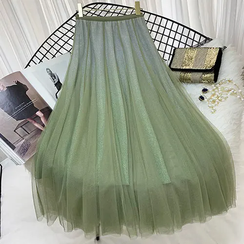 Женская плиссированная юбка TIGENA, длинная юбка из тюля, юбка макси с высокой талией для женщин на осень-зиму - Цвет: Зеленый