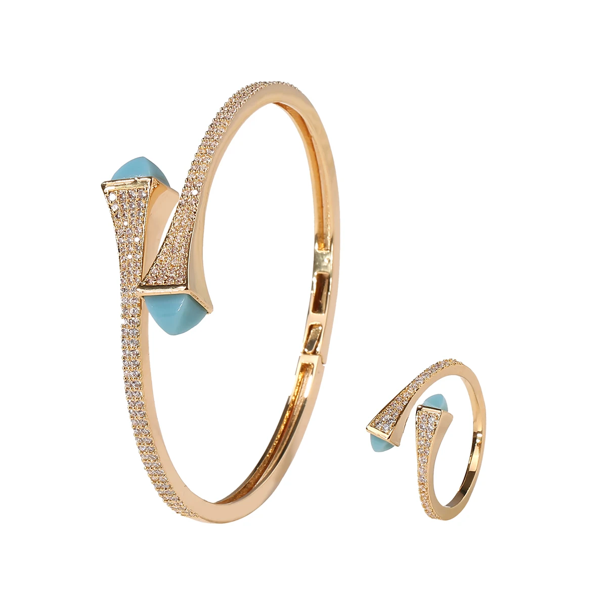 2021 New Romatic Women Fashion 2 Pcs Bracelet & Ring Set Candy color stone Simple Design Gold Open Cuff Bangle Ring Jewelry Set