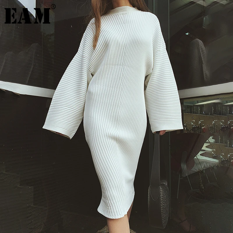 

[EAM] Women White Knitting Elegant Dress New Round Neck Long Lantern Sleeve Loose Fit Fashion Tide Spring Autumn 2019 1D133