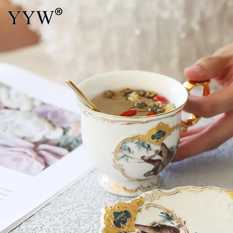 Nordic Style Gold Series Tea Cup Coffee Mug With Tray Ceramics Matte Teacups Milk Mugs Afternoon Teacup Elegant Cups Houseware