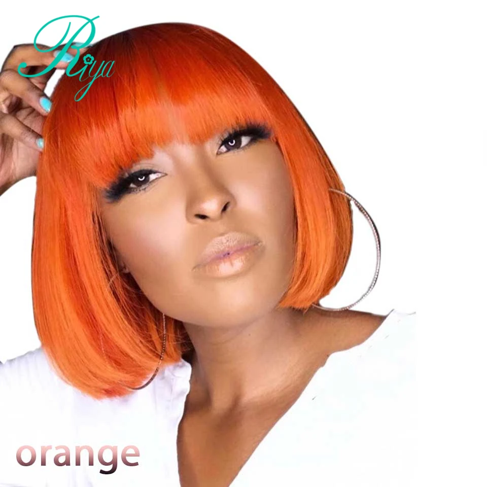 Orange 13X4 150% зеленого и красного цвета блонд, зеленые, синие, желтые бордовый Цвет короткий Боб Синтетические волосы на кружеве человеческих волос парики с челкой IndianH8-16 волосы Remy - Цвет: Orange