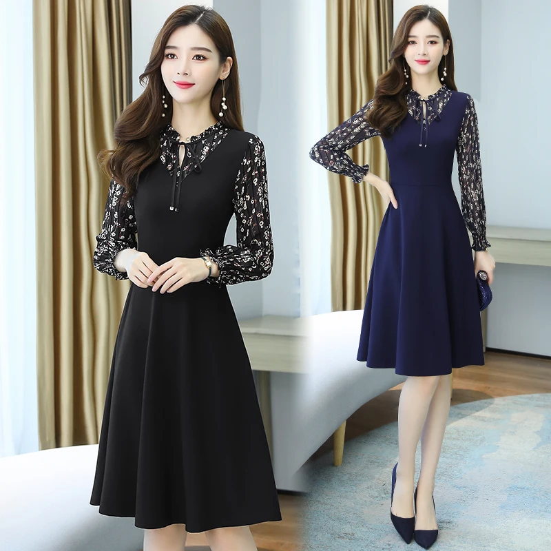 Autumn Winter Black Vintage Floral Midi Dresses Korean Plus Size Long Sleeve Boho Dress 2022 Elegant Women Party Casual Vestidos | Женская