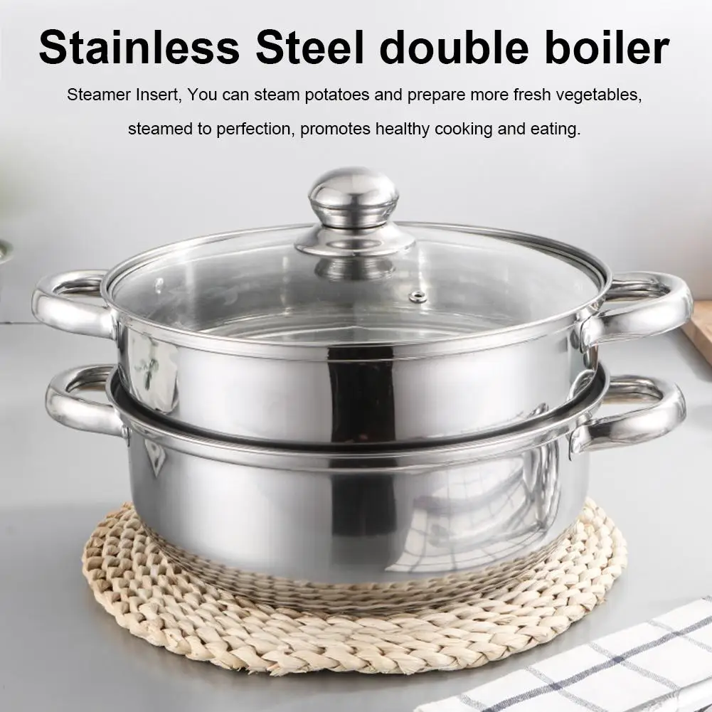 Double Boilder 2-Layer Stainless Steel Steamer Pot Cooker Cookware Double Boiler Soup Cooking Pot Rice Cooker Steam Soup Pot Steamer Home Kitchen Stack