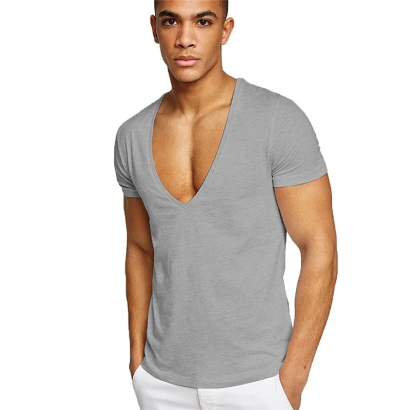 Shirt V Neck Men Tee Male Tshirt Slim 