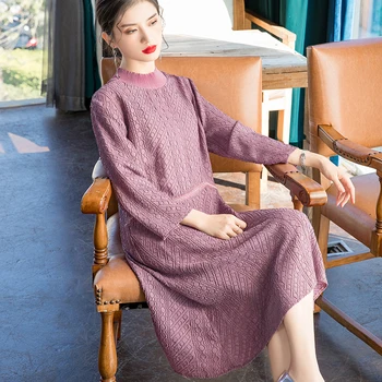 

Plus Size Dress Spring Women 2020 New High Quality Round Neck Nine Quarter Sleeve Elegant Loose Purple Dress For Women 45-75kg