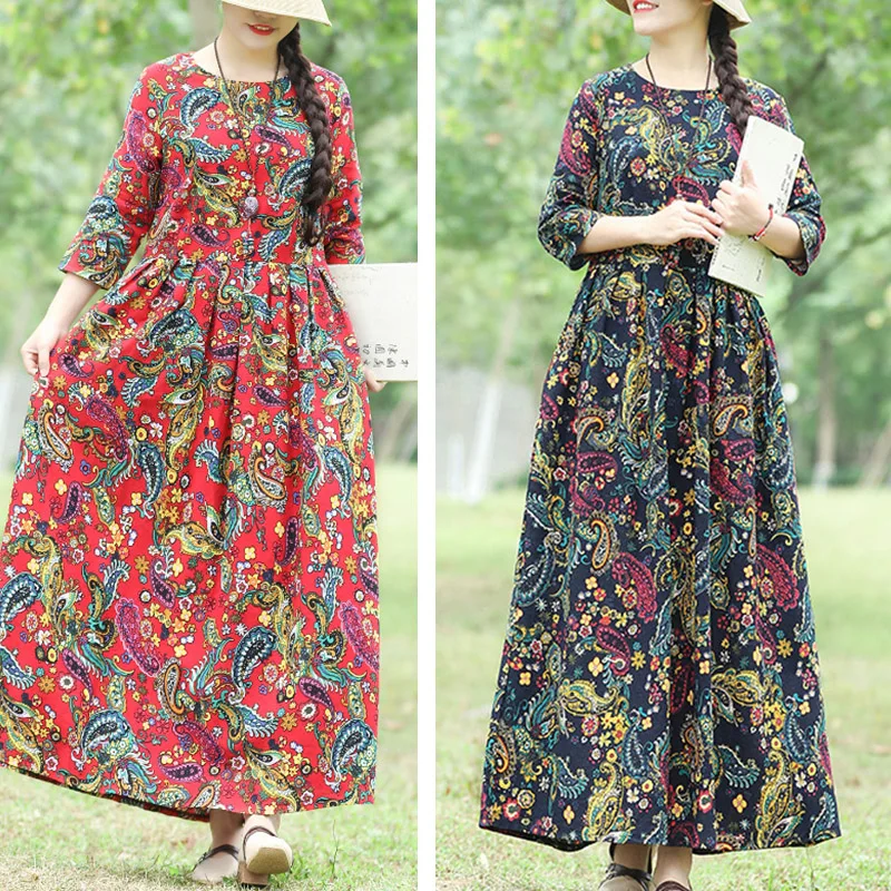 EaseHut Women Autumn Floral Print Cotton Linen Dress O Neck Three Quarter Sleeve High Waist Pleated Pocket Loose Maxi Long Dress