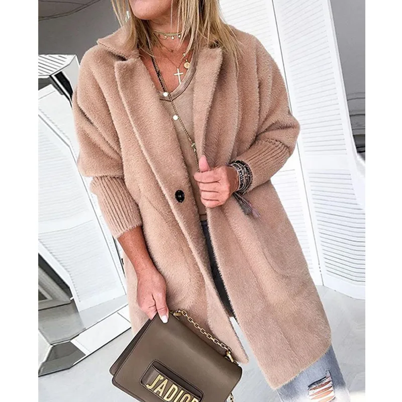 Winter Woollen coat Women Fashion Long Style Blends Autumn Solid Plus Coat Casual Female Outerwear Elegant Slim Plush Coat