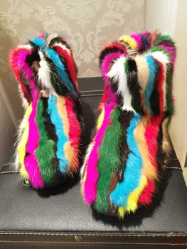 

Womens Real Mink Fur Furry Leather Rainbow Colors Ankle Boots Snow Warm Winter Thick Shoes Platform New 2020