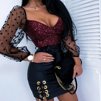 

New 2020 Lady Off Shoulder Glitter Blouse Top Lolita Puff Sleeve Flared Retro Fashion Top Sequins Lace Sleeves Slim Blouse