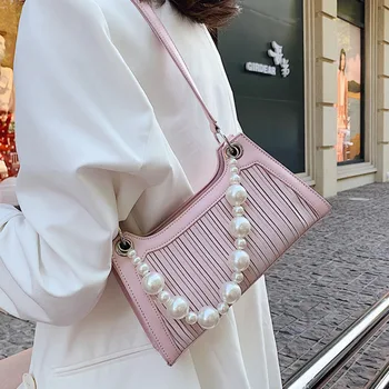 

Elegant Women Shoulder Bag Cartera Mujer Hombro Top Pearls Handle Pleated Ladies Handbag Schoudertas Dames Dames Tassen